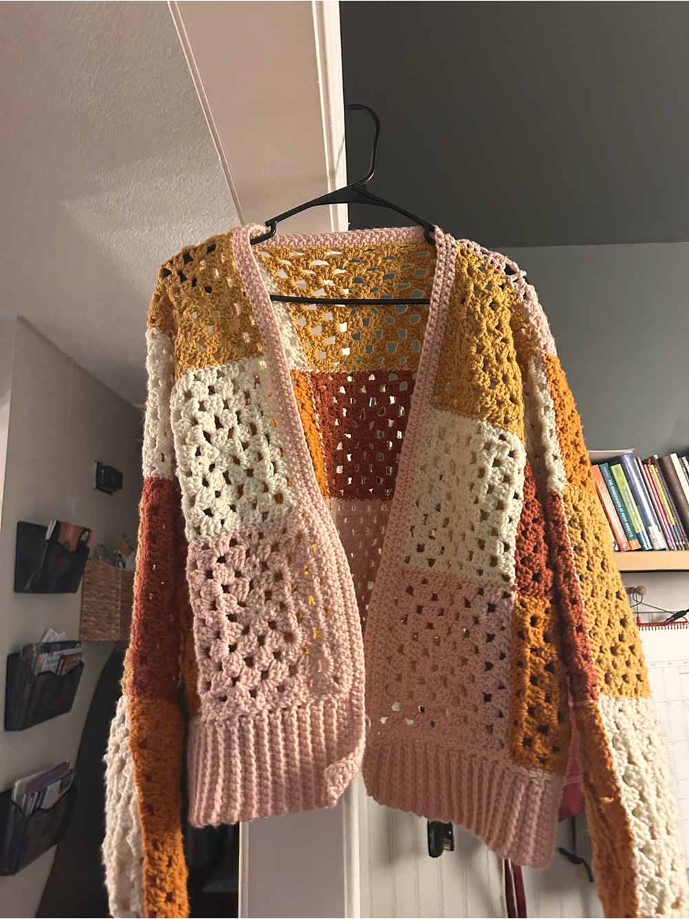 Crochet Patchwork Cardigan Sweater - Pink, Mustard, Cream